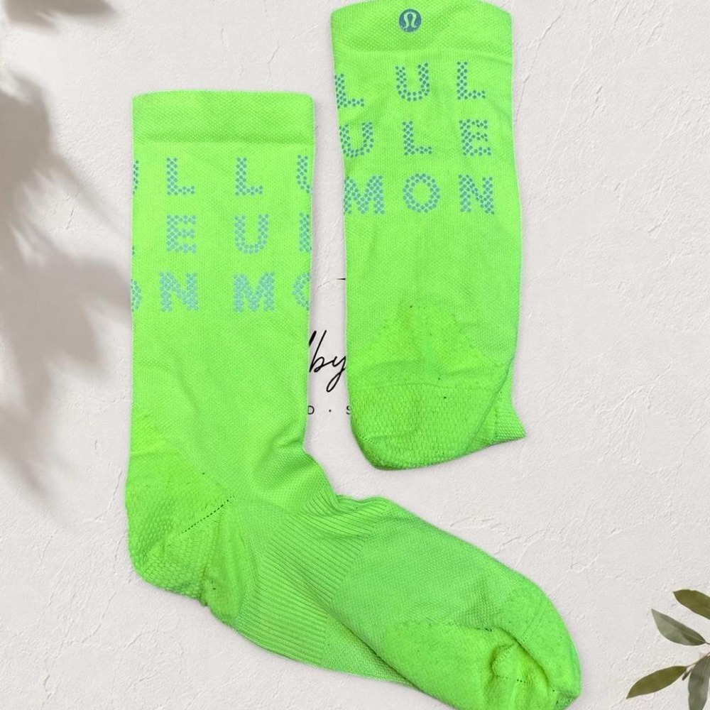 Lululemon Green Tall Crew Socks Logo Athletic Running Gym Neon Athleisure